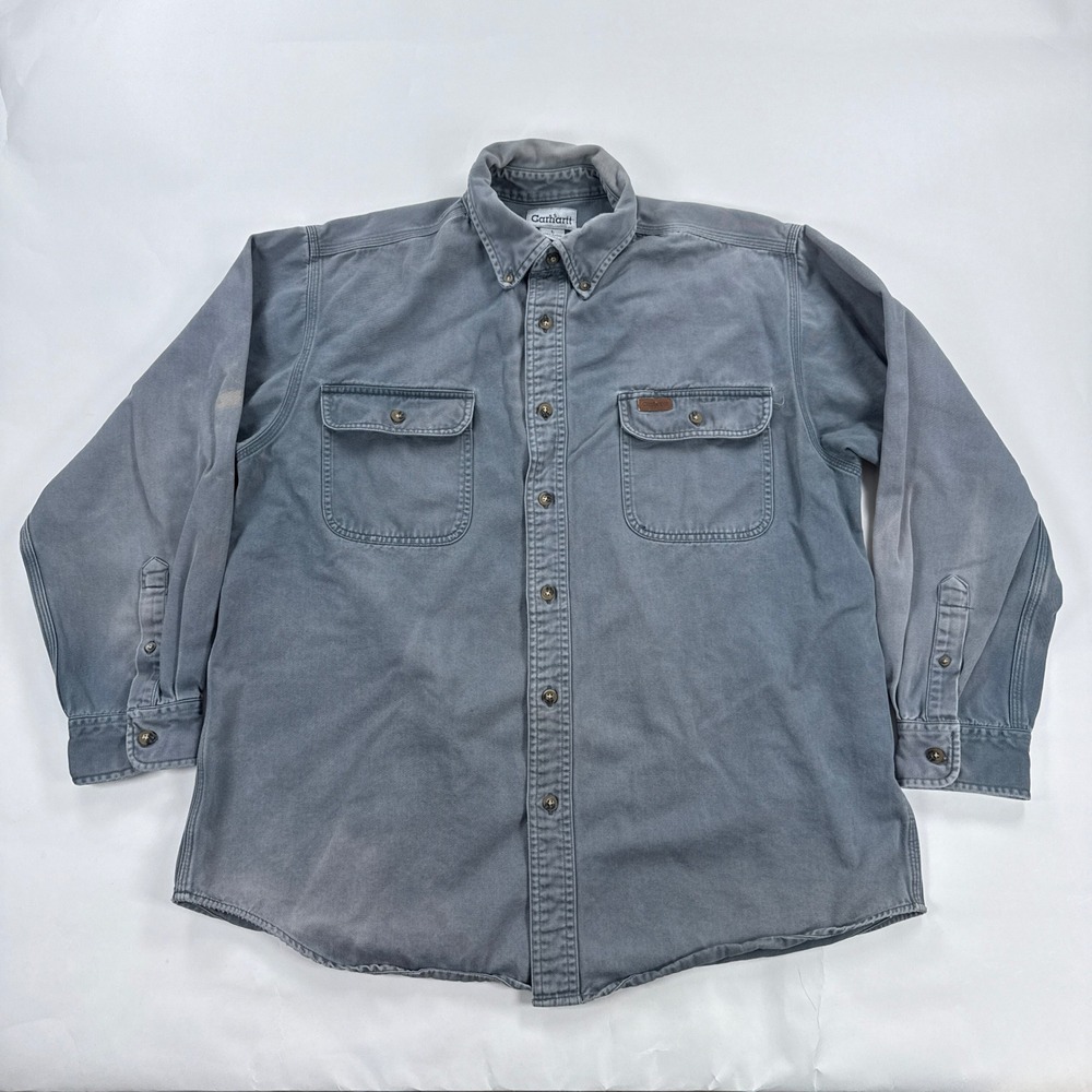 Carhartt Mens Shirt L Blue Gray Cotton Twill Button Down Workwear Utility Grunge